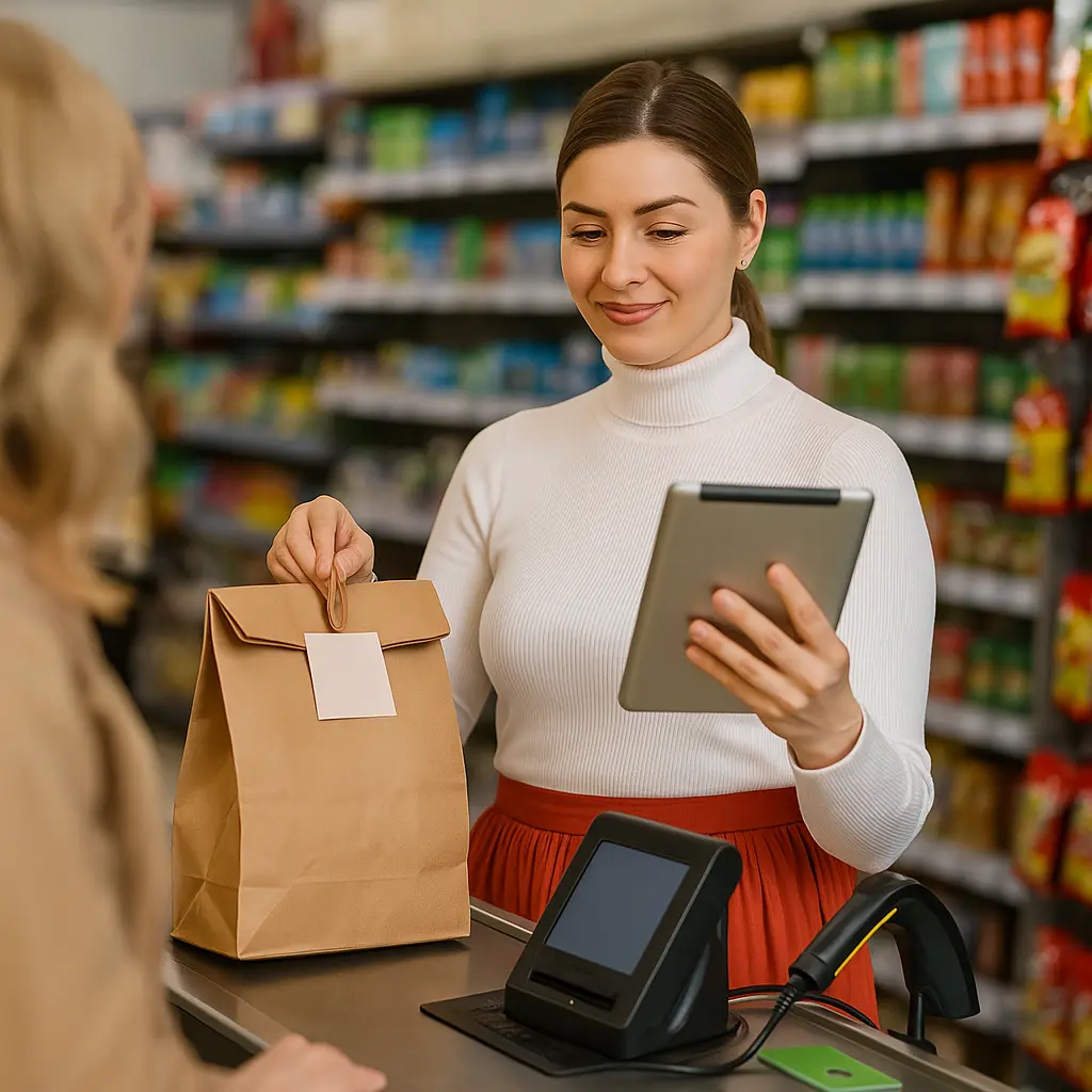 A female retail employee using SwilERP retail billing software on a tablet while holding a delivery package inside a modern store.