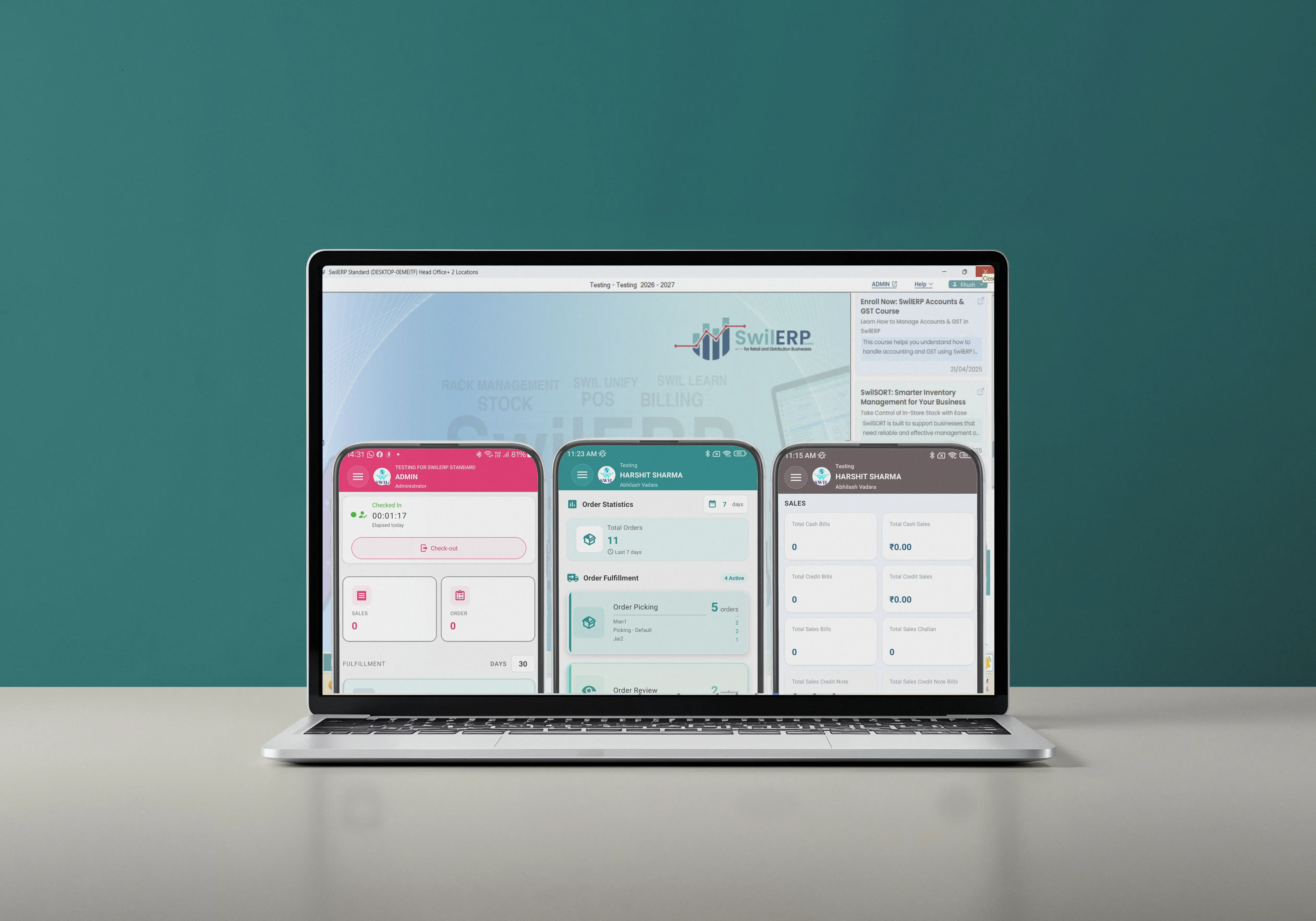 SWIL mobile app suite shown on a laptop display
