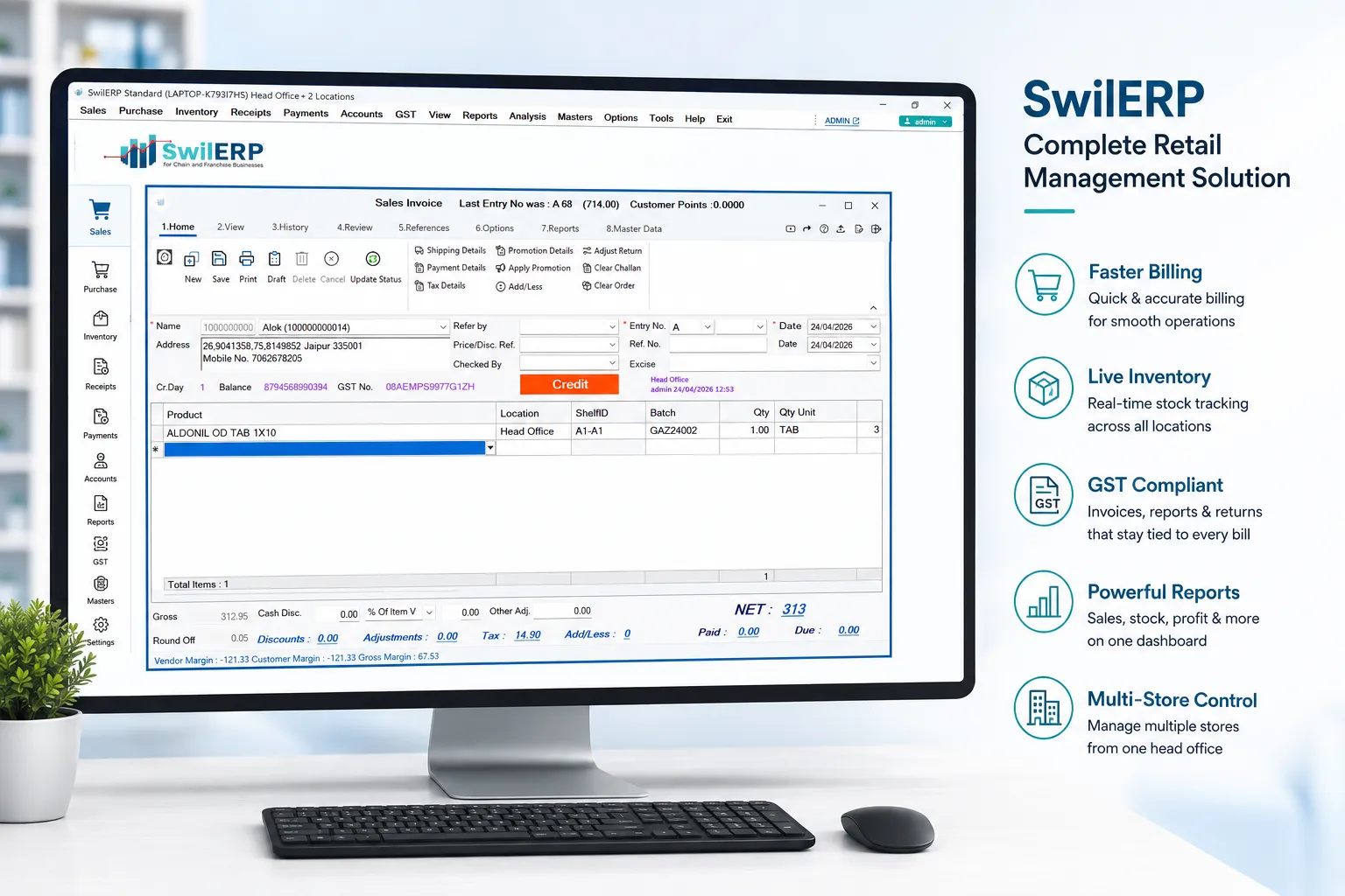 Restaurant POS Billing Software — SwilERP software preview. SwilERP complete retail management solution — desktop workspace with sales invoicing, live inventory, GST compliance, reporting, and multi-store control.