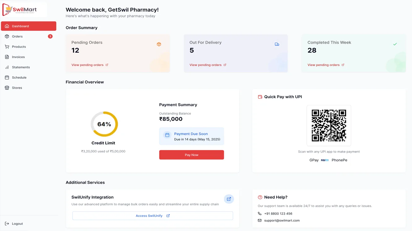 SwilMart B2B storefront and ordering experience connected to SwilERP
