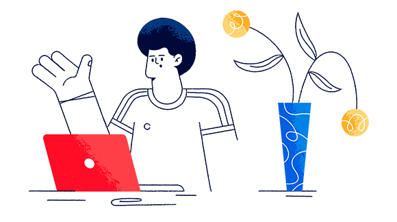 Illustration of a person at a laptop beside a plant — upgrade operations with SWIL